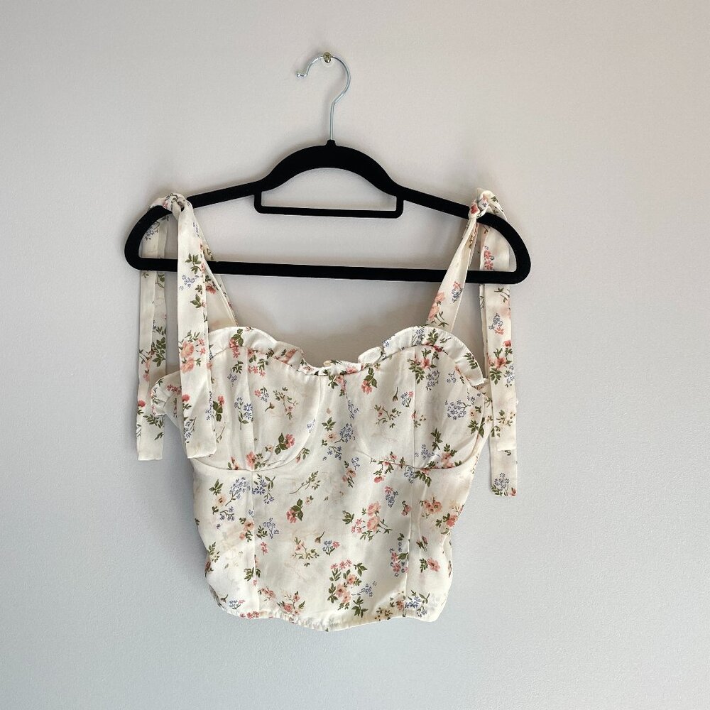 Cottagecore Ruched Copped Top Ribbon Tie Straps Size M